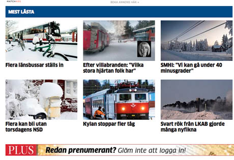 Webbtidning med artiklar om kyla. Norrländska Socialdemokraten (NSD) och de andra tidningarna i Norrbotten hänvisar till webben i dag. Och där handlar det mycket om den extrema kylan.