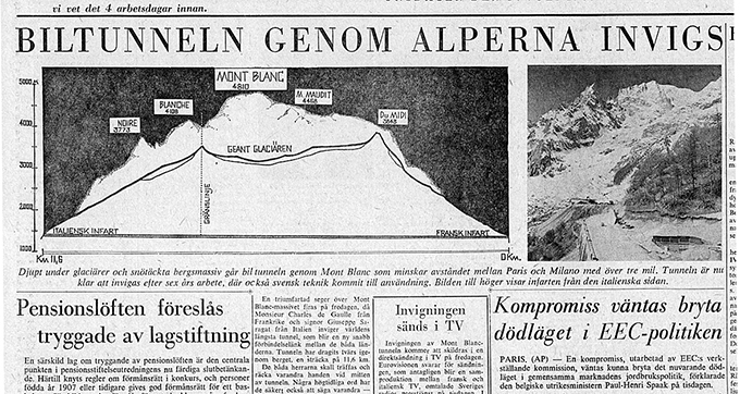 Artikel om invigningen av tunneln i Svenska Dagbladet den 14 juli 1965.