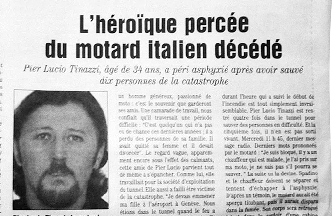 Fransk artikel från 1999 om en italiensk säkerhetsvakt som dog när han försökte rädda offer för tunnelbranden i Mont Blanc.