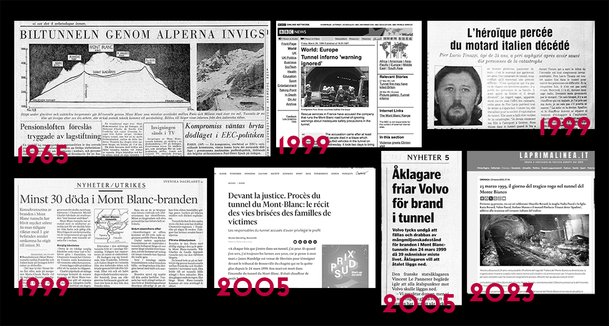Collage med tidningsurklipp och skärmdumpar med artiklar om olyckan i Mont Blanctunneln 1999.