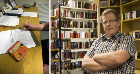 Björn Svantesson signerar sitt nästa ljudbokslån i biblioteket på åkeriet. Det får bli En plats i solen, Liza Marklunds åttonde deckare om journalisten Annika Bengtzon.