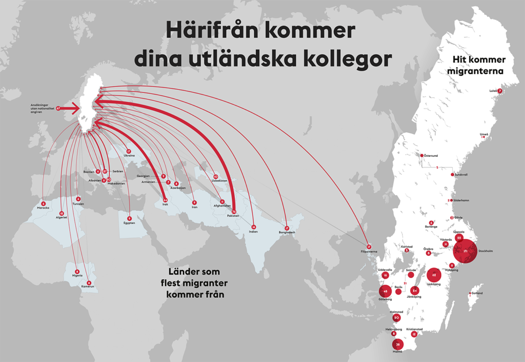 Världskarta med migrantströmmarna till Sverige