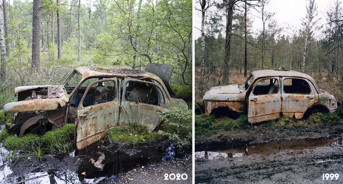Den nedlagda bilskroten utanför Ryd är ett populärt besöksmål. Bilden till vänster är tagen i juli 2020, den till höger är från 1999.