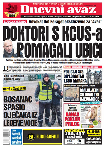 ”Hjälte i Sverige”. Bosnien-Hercegovinas största dagstidning Dnevni avaz (Dagens röst) med Amir Palislamovic på förstasidan. Som tjugoåring flydde han kriget i det sönderfallande Jugoslavien, i dag kan han med familjen åter regelbundet hälsa på släkt och vänner i Bosnien.