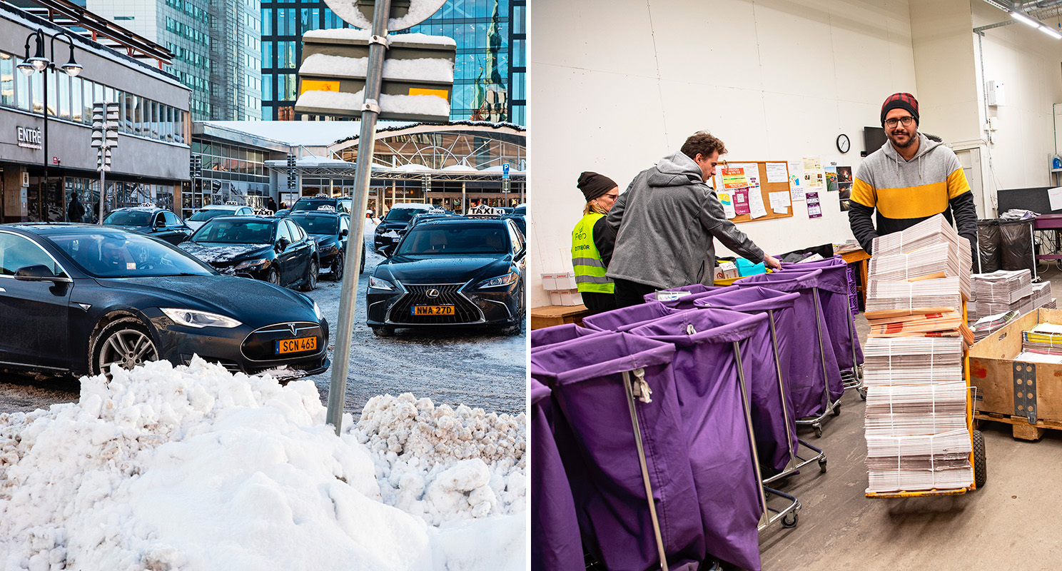 Taxibilar vid Stockholms Centralstation och Azeem Yousaf på tidningsbudsfilialen.