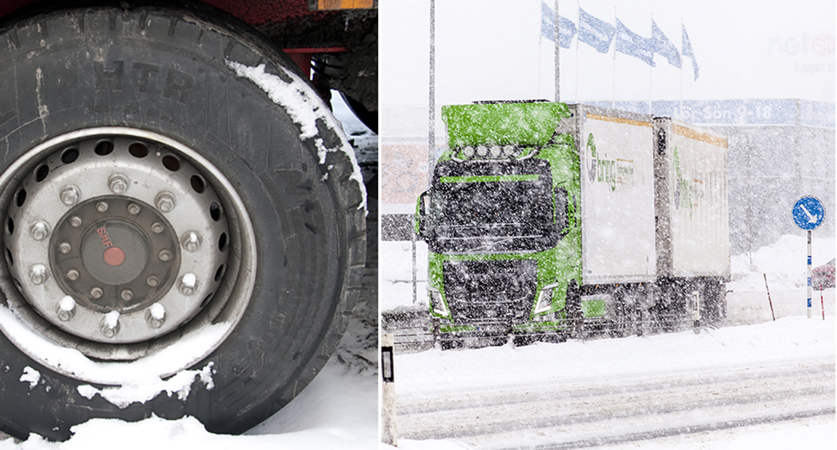 vinterdäck och lastbil på vinterväg