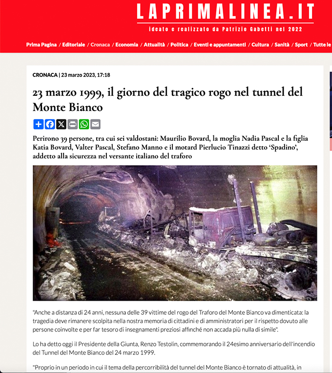 Artikel på italiensk sajt om en minnesstund år 2023 för offren för branden. 