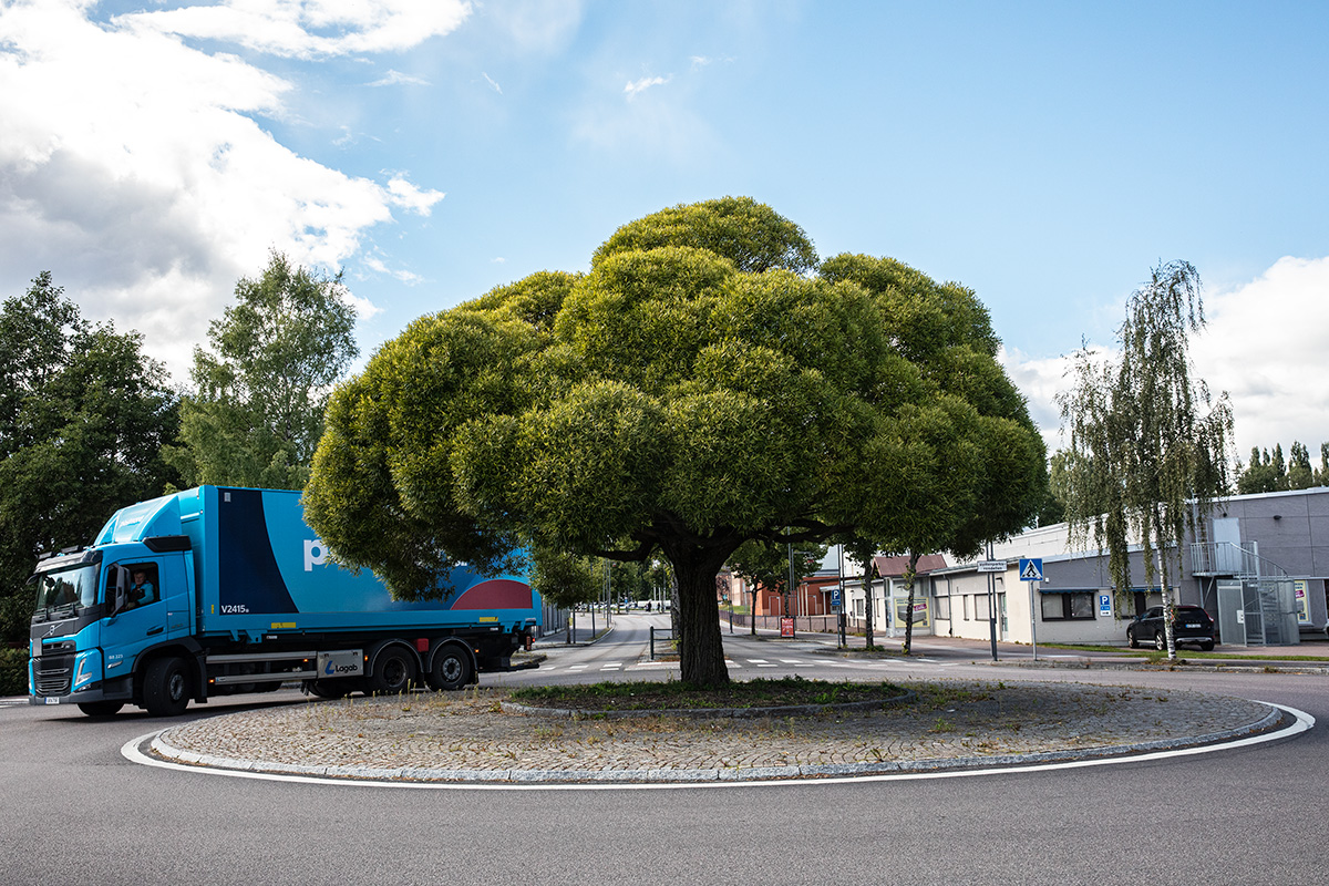 Vattenparksrondellen nära köpcentrumet Kupolen – kanske Borlänges vackraste? Eller har du någon favorit i en annan stad? Rondellen är cirkeln i mitten där pilen ståtar, hela korsningen heter cirkulationsplats. Foto: Justina Öster