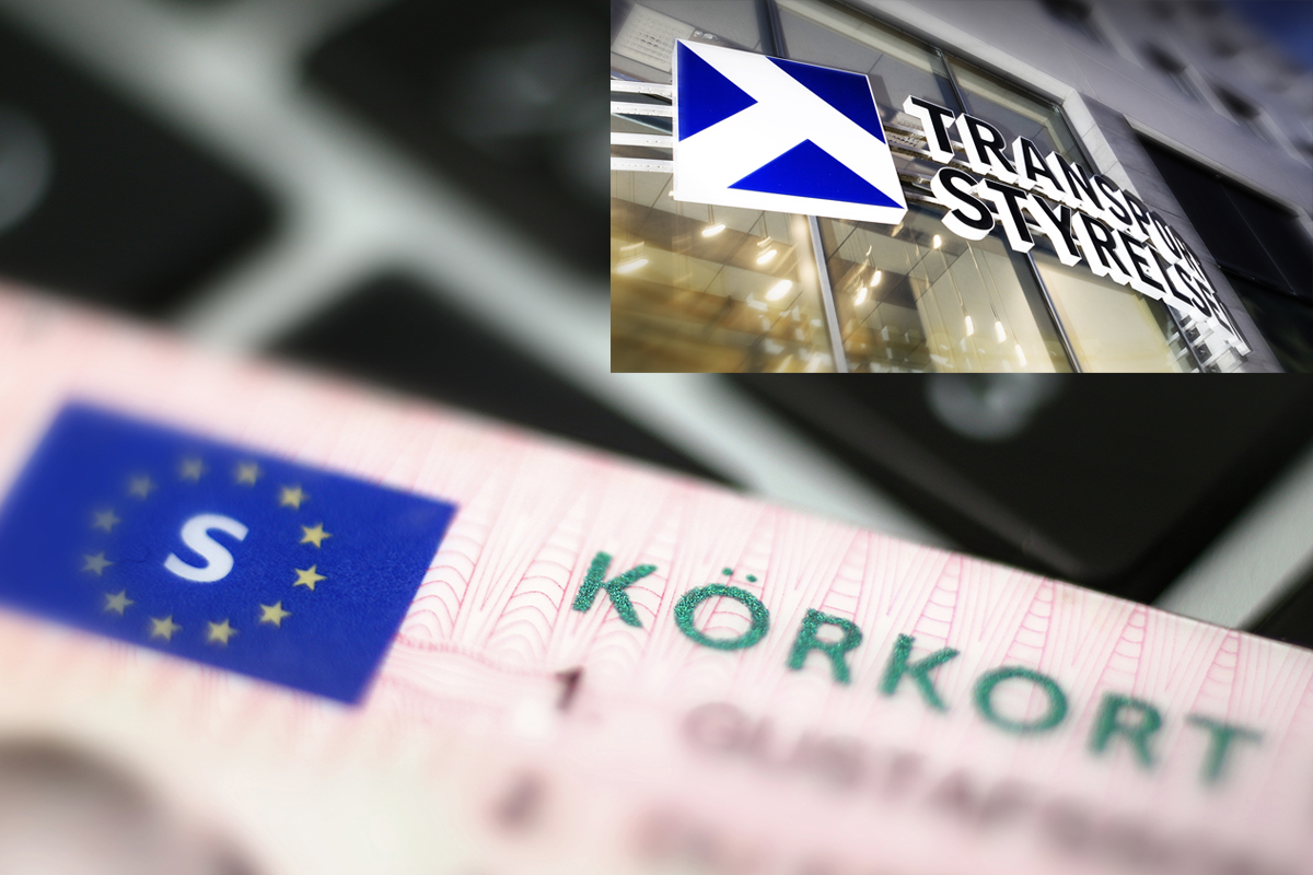 Kollage med körkort och en skylt med Transportstyrelsens logga.