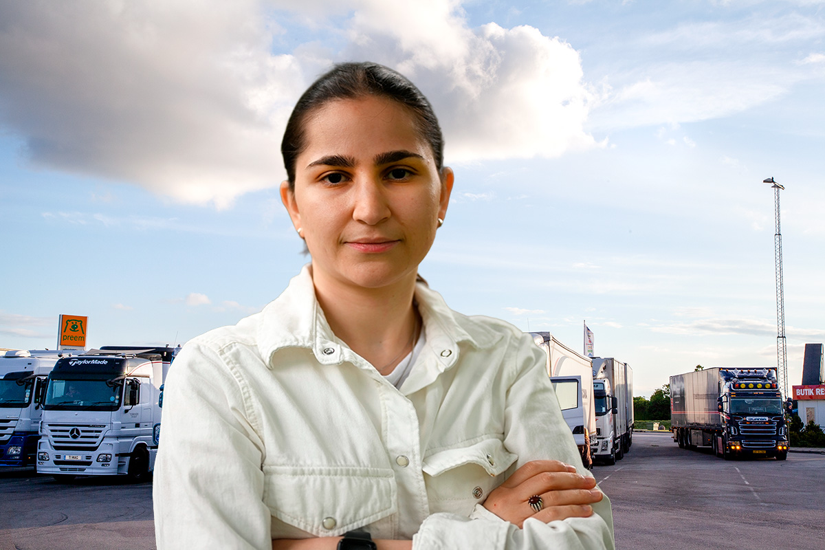 Transports utredare Amne Alansari kartlägger hur det ser ut på svenska rastplatser. Bilden är ett fotomontage. Foto: John Antonsson/Justina Öster