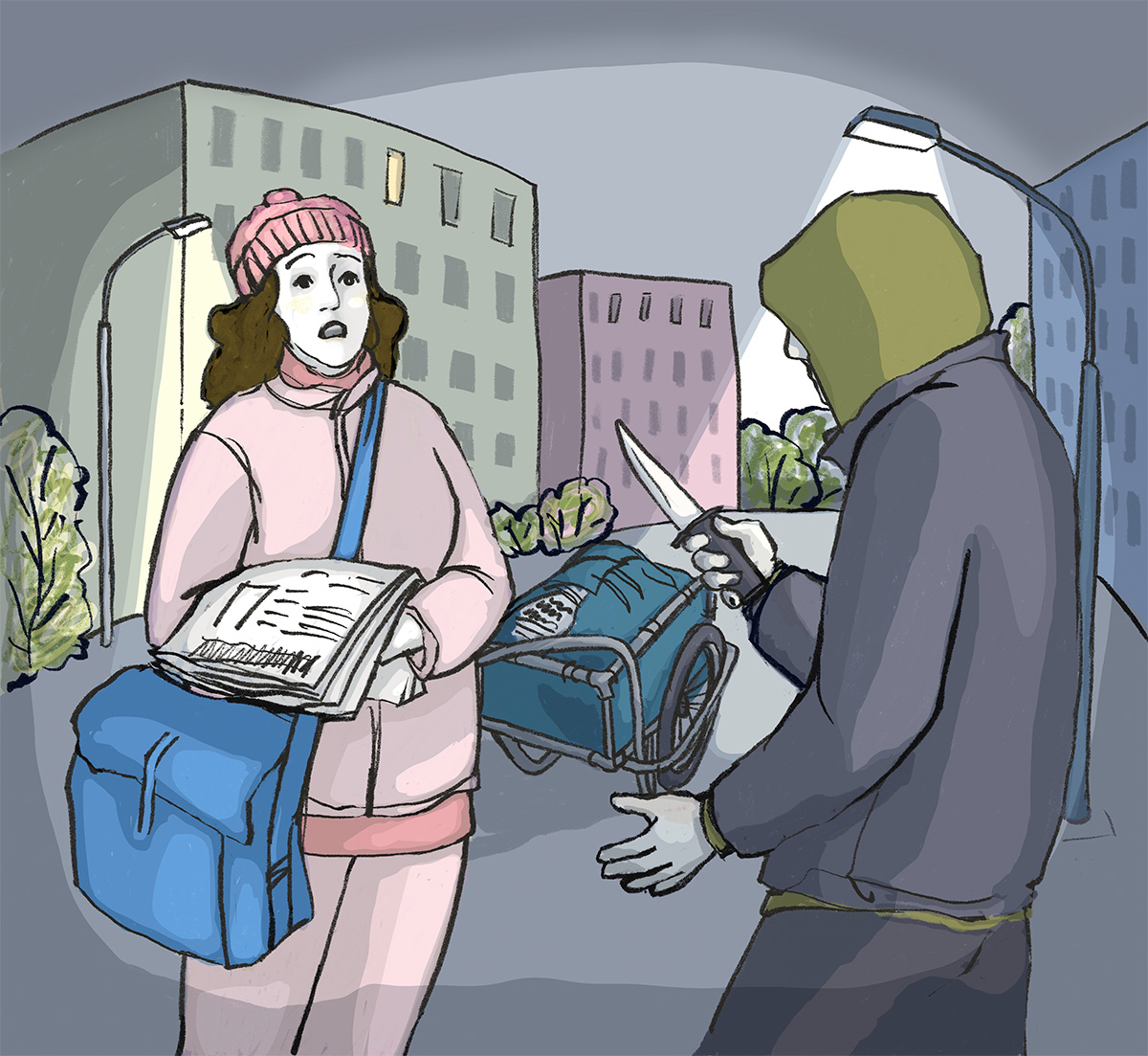 Tidningsbud, rån. Illustration: Ingrid Fröhlich