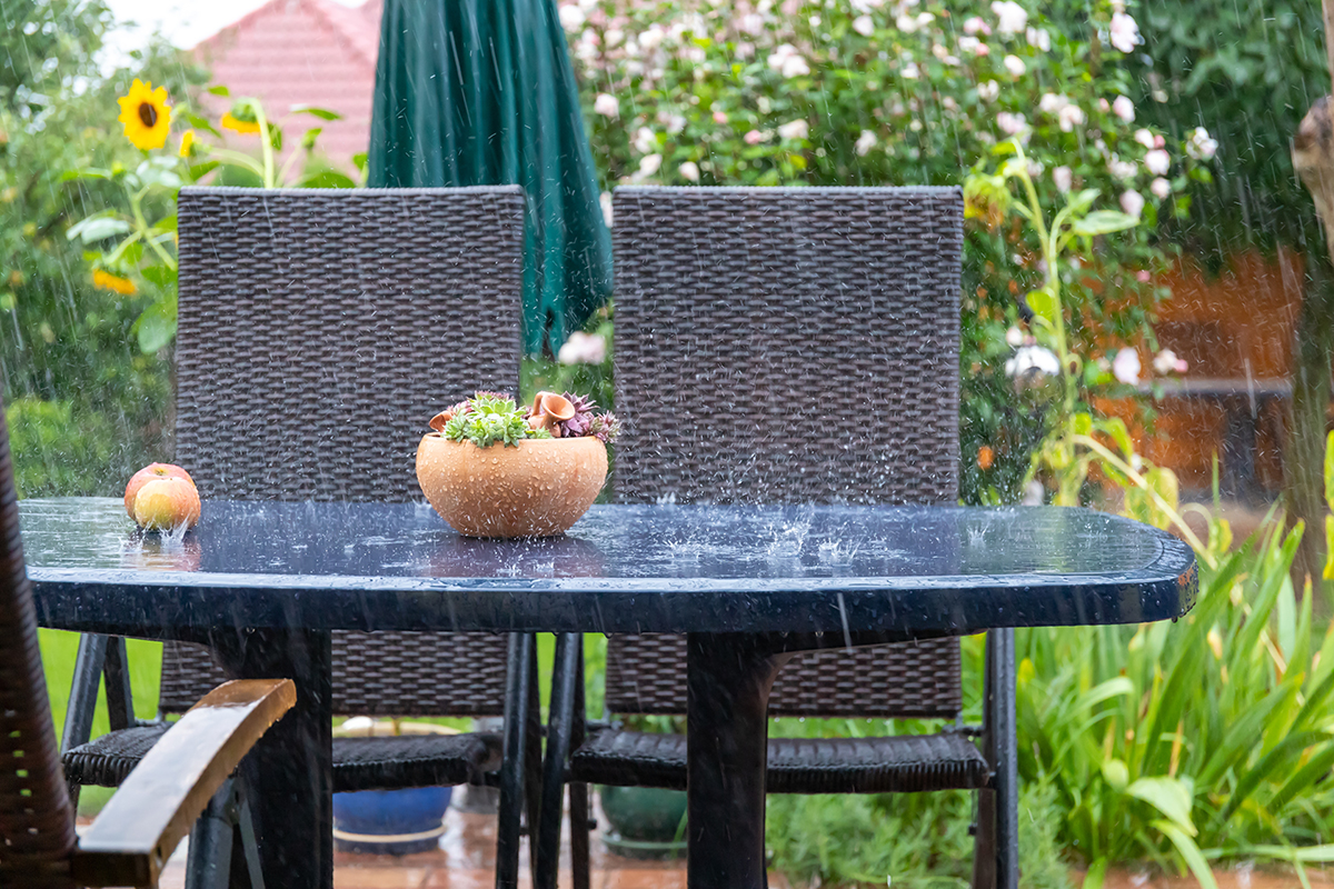 Ceramic pot with succulents on the garden table outside on the patio in the late summer rain.