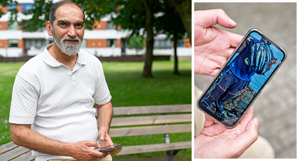 Moussa Mourad visar mobilbild på fångst på Mölle, Kullaberg. Ftoo: Mattias Johansson