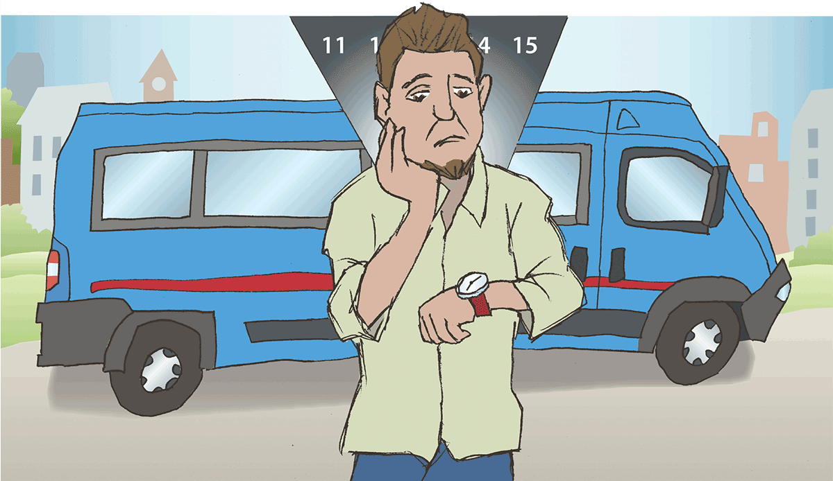 Oron för delade pass växer hos chaufförer som kör servicetrafik – blir det nödvändigt att acceptera flera ”håltimmar” mitt på dagen när arbetsgivaren bara fått skolskjuts tilldelad? Illustration: Martin Heap