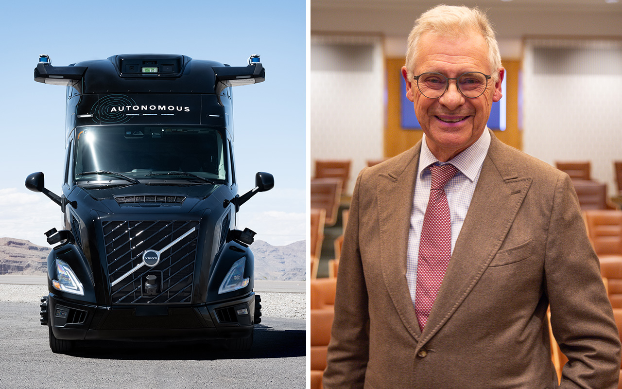Klas Eklund, ordförande för arbetsgruppen vid IVA och pressbild på Volvos självkörande lastbil. Foto på lastbil: Volvo. Foto på Klas Eklund: Dexter Svärd Huss